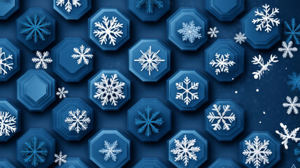 Vector seamless pattern of honeycomb. Blue hexagon decorated with snowflakes. Snowflakes and hexagons patterns. Vintage Textile print