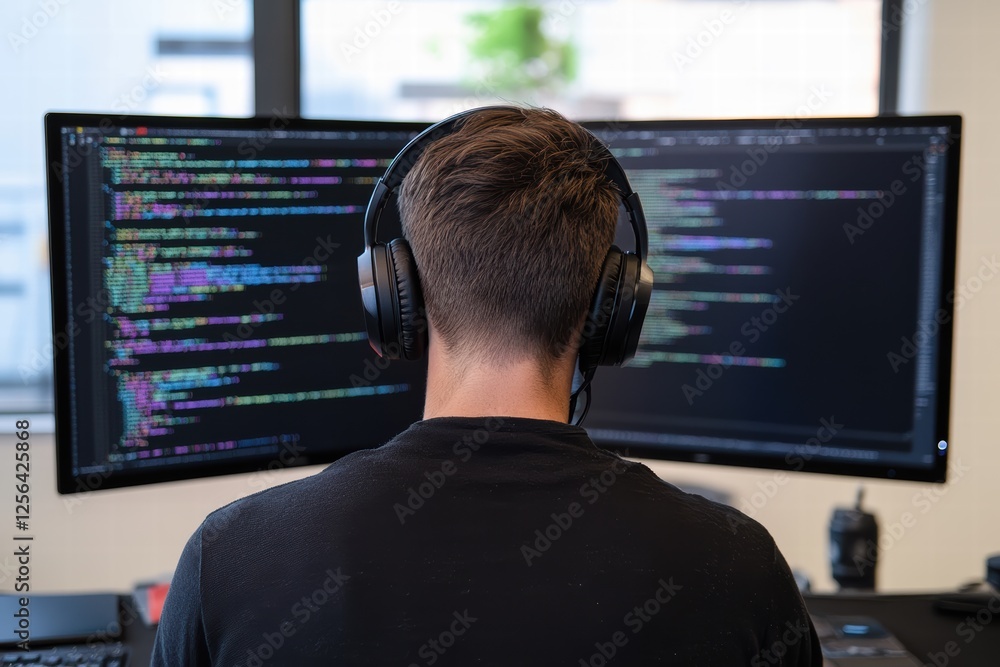 Poster programmer working with dual monitors and headphones in a modern workspace