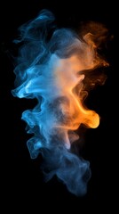 Colorful smoke formation in vibrant hues of blue and orange on a black backdrop