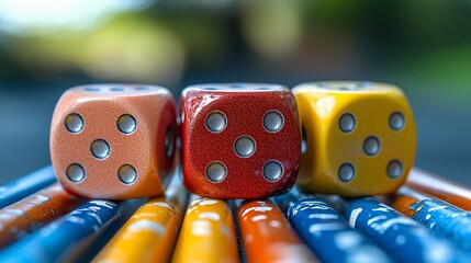 Colorful Dice on Pencils Still Life Close-up, Chance and Creativity Concept