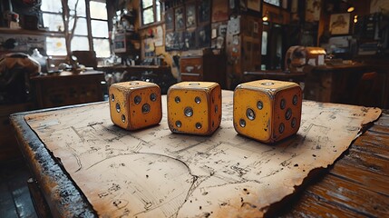 Three Yellow Dice on Vintage Blueprint in Workshop Still Life