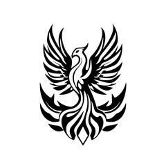 Obraz premium Majestic Phoenix Symbol in Bold Black and White, Depicting a Fierce and Symbolic Ascending Design, Isolated on a White Background.