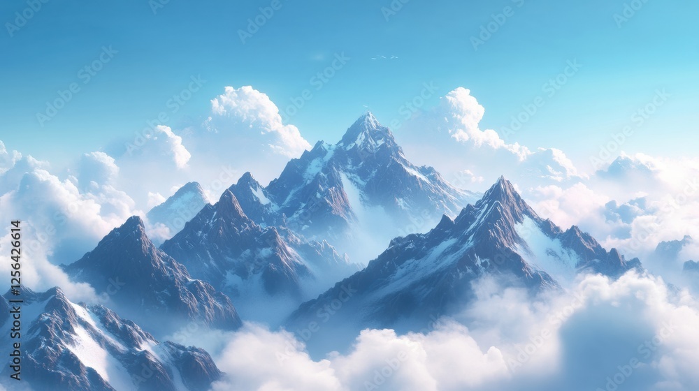 Poster Breathtaking view of majestic mountain range under soft clouds and blue sky with space for text. Generative AI
