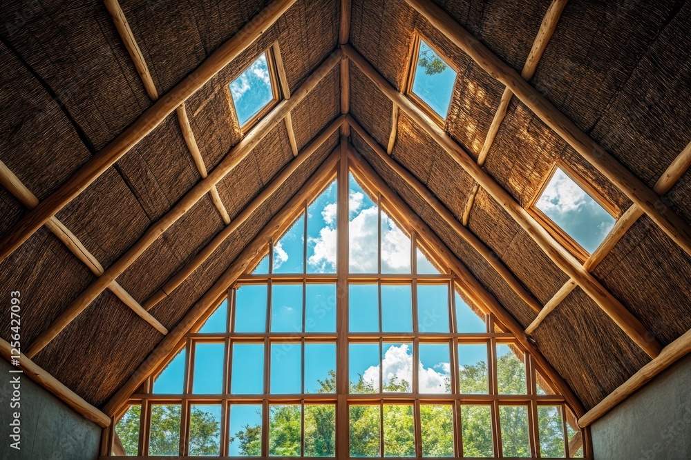 Poster thatched roof structure with large window openings inviting natural light
