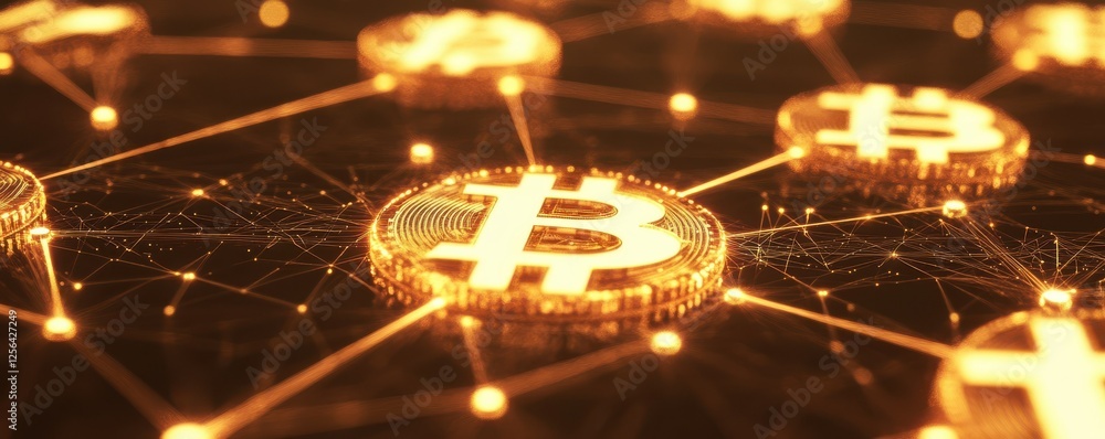 Aufkleber golden bitcoin coin on blockchain network with glowing connections in digital space