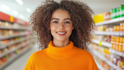 A woman with curly hair and glasses enjoys her shopping experience in a grocery store