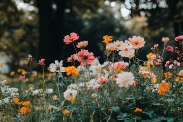 Colorful tulips blooming in a garden during springtime in the early morning light