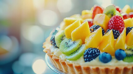   A close-up of a fruit tart on a plate with berries, kiwis, and blueberries