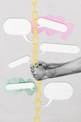 Poster image vertical photo collage of hands pull metal chain trap icon notification speech dialogue discussion imprisonment