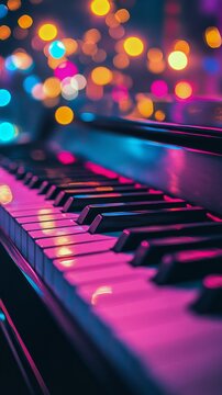 Colorful piano keys illuminated by festive lights in a lively music venue at night