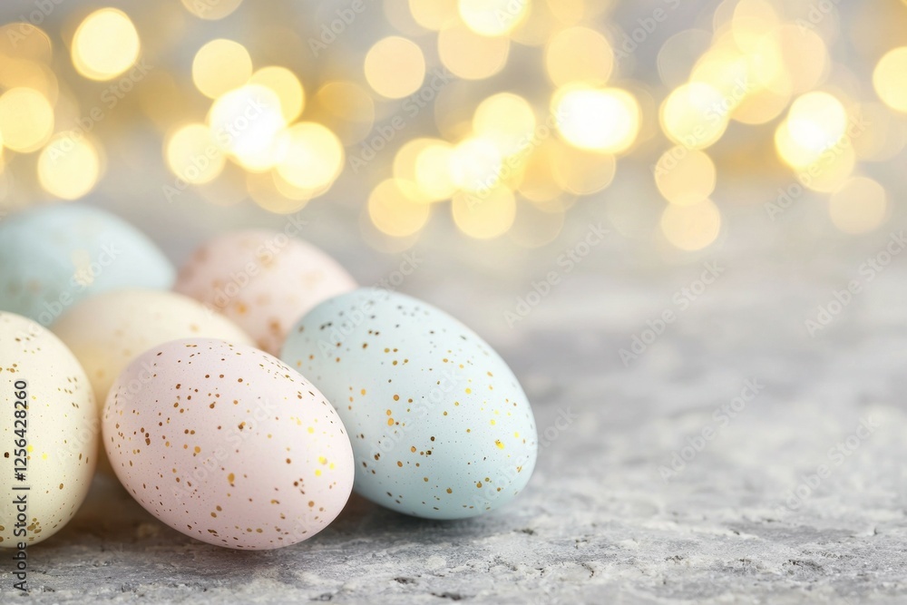 Poster group of eggs with gold spots on them are arranged in a row