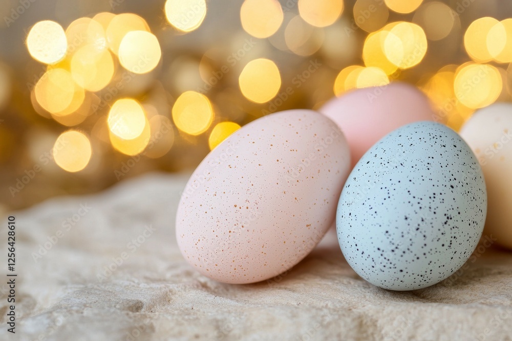 Poster group of eggs with different colors and patterns are arranged on a table