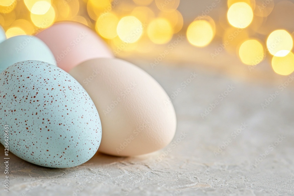 Poster group of eggs with different colors and patterns are arranged on a table