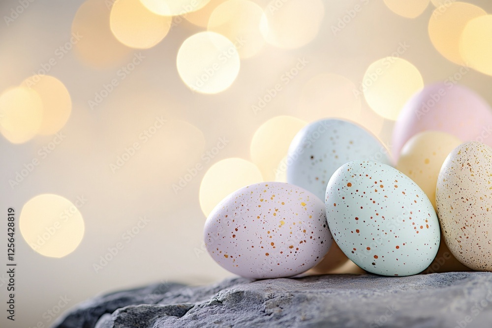 Poster group of eggs with different colors and patterns are arranged on a rock