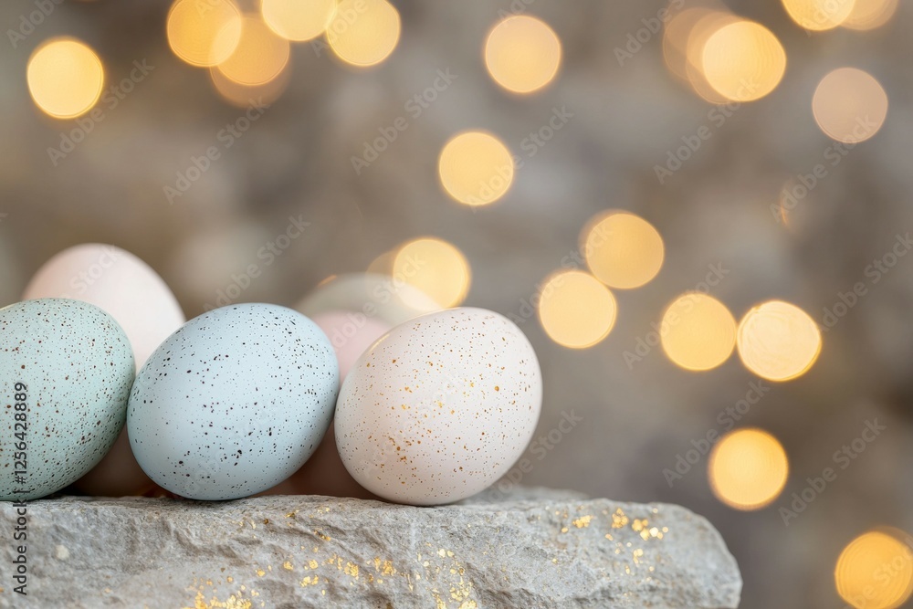 Poster group of eggs with different colors and patterns are arranged on a rock