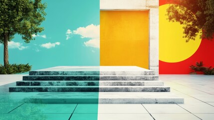 Modern architecture meets nature. A serene split image showcasing a stone staircase, vibrant colors, and lush greenery.