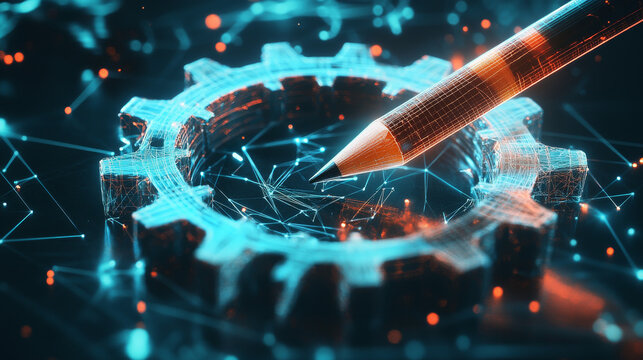 A hologram of a gear and a pencil. A pencil gear wheel made of polygons, triangles of dots and lines. The pencil gear is a low-poly joint structure. Technology concept vector.