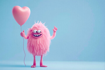 Adorable pink fluffy cartoon monster holding an airy red heart, suitable for a greeting card	