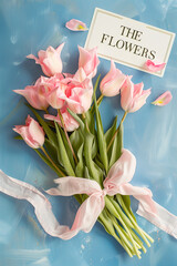 Photo of tulips, top view, holiday or March 8 concept