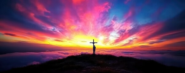 Silhouette of person with cross at sunset on mountain peak with vibrant sky