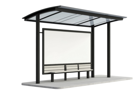 Large, black and white sign with a bench underneath it