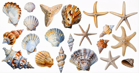 Set of watercolor stickers or stickers with sea shells: spiral shells, white background