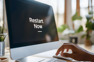 A hand clicks a mouse next to a computer screen with the message "Restart Now," indicating a system update or troubleshooting process. Routine tech maintenance.