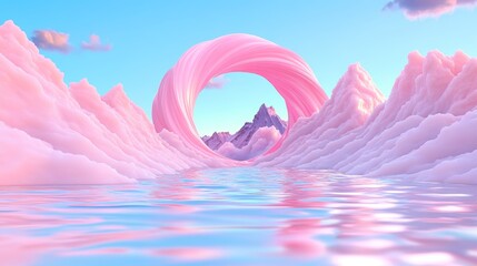 Surreal landscape: Pink clouds, calm water, and a majestic mountain range. Dreamlike scenery in soft pastel hues.