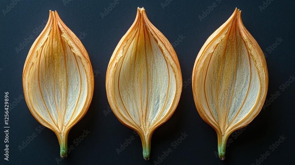 Poster three onion slices arranged symmetrically on a dark background.