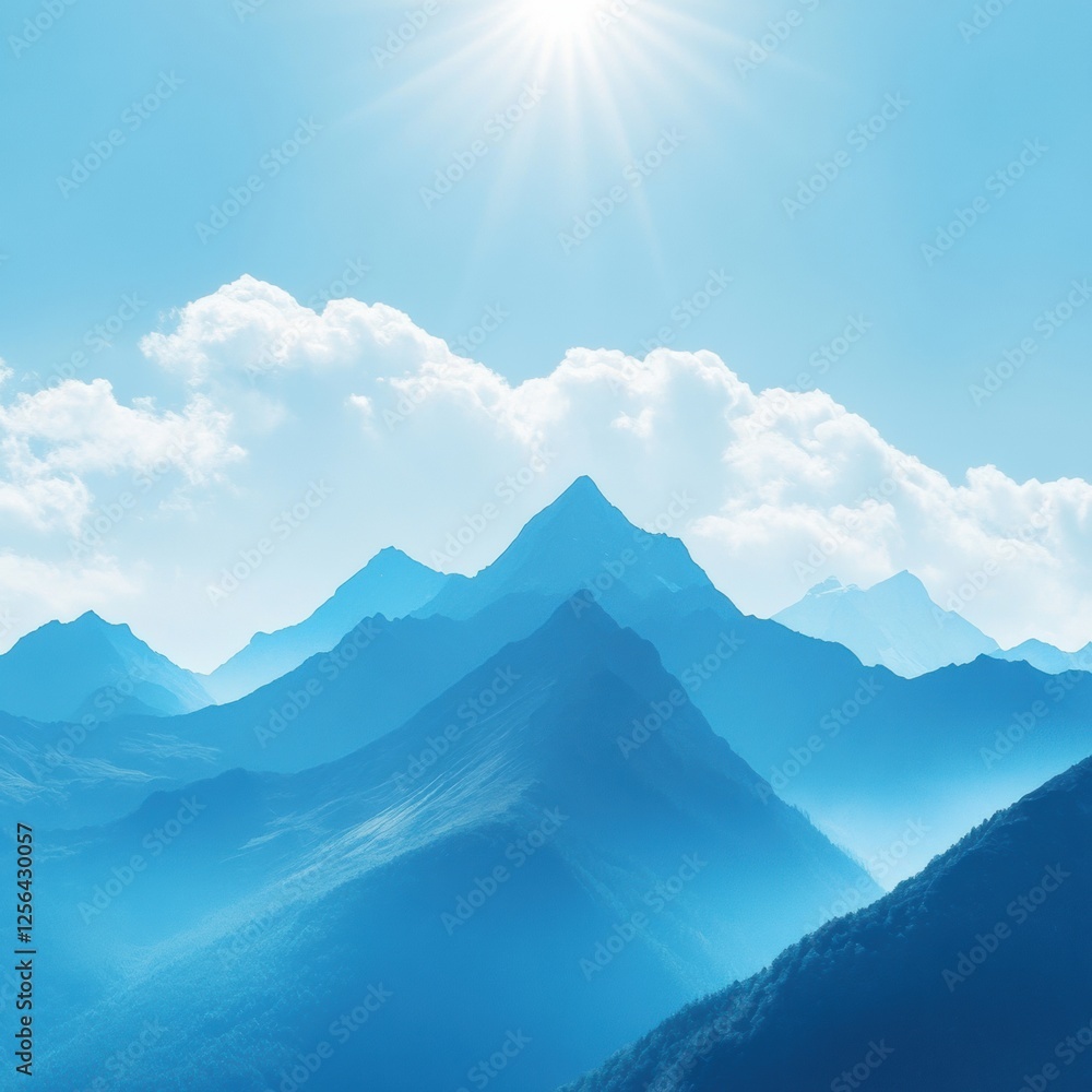 Poster majestic mountain range under soft clouds with vibrant blue sky offers perfect blank space for text.