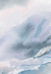 Impressionistic Sailboat Nearing the Shoreline During a Treacherous Turbulent Storm Front at Sea-Digital Painting, Art, Illustration-w/Texture in Gray & Blue Hues