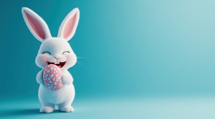 Obraz premium Cute, happy, smiling white bunny holding an Easter egg, isolated on a blue background. Cartoon animal character design, 3D rendering.