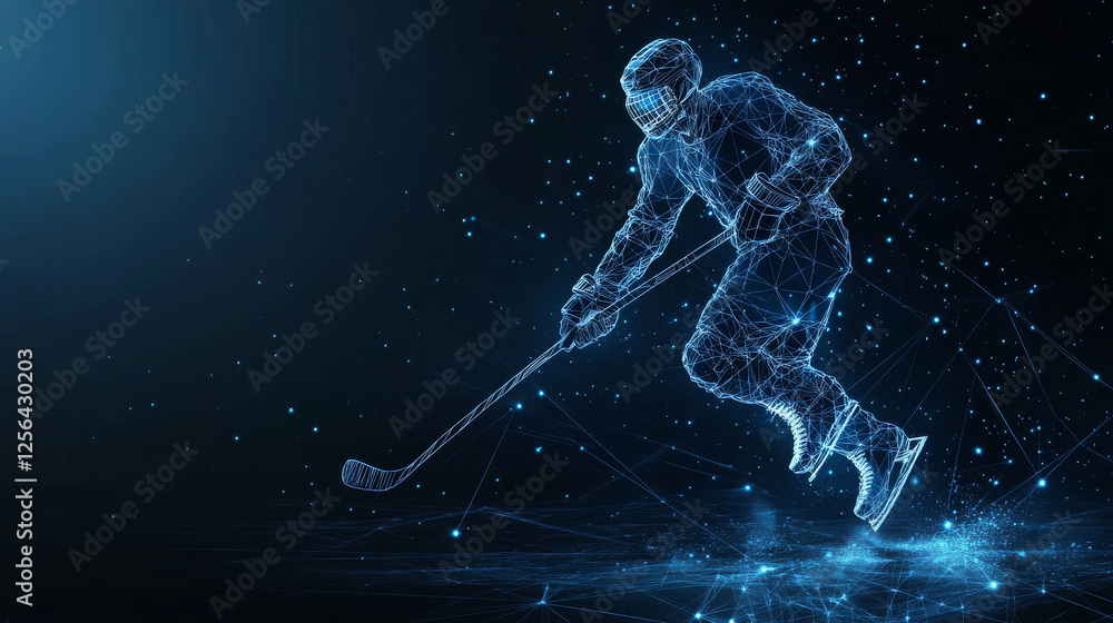 Poster hockey player consists of points, lines and triangles. the polygon shape in the form of a silhouette