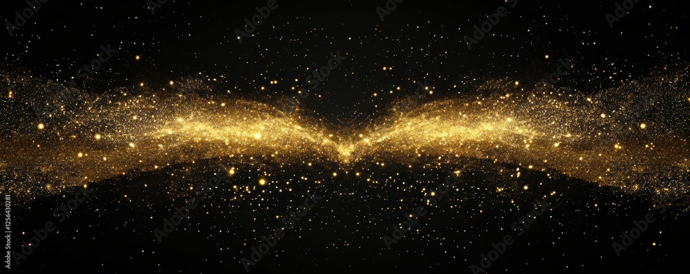 Poster golden particle explosion on dark background with sparkling effects