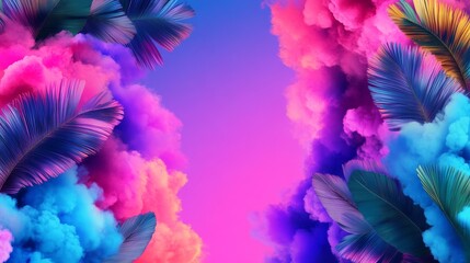 Vibrant tropical leaves emerge from a fantasy landscape of colorful smoke.  A surreal and dreamy image.