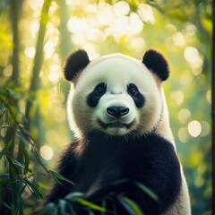 Fototapeta premium Panda portrait in bamboo forest with natural light, serene atmosphere for calm reflections and creative inspiration. Generative AI