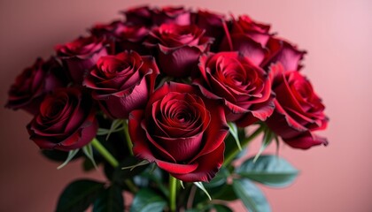 Fototapeta premium This stunning bouquet showcases deep red burgundy roses arranged with care, illuminated by soft, diffused lighting against a clean backdrop. Perfect for any special occasion