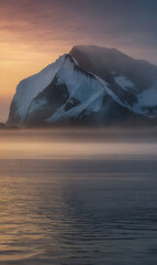 A mighty iceberg floating in the sea, its details highlighted by the warm sunset.