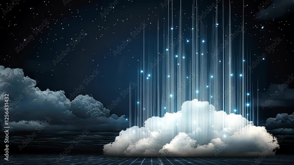 Poster a mesmerizing display features vibrant light beams rising from a cloud under a starry night sky, cre