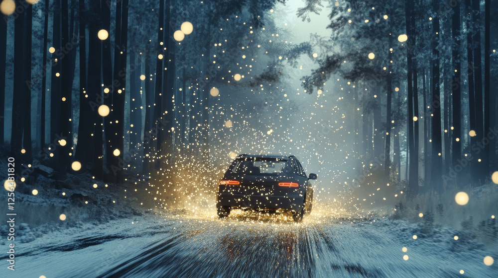 Poster car from the particles. car crumbles into small dots and circles.
