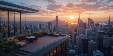 Stunning sunset view over new york city skyline from rooftop terrace urban landscape photography evening atmosphere scenic perspective