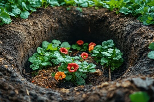 Compost pit filled with colorful plant residues and blooming flowers in a garden setting