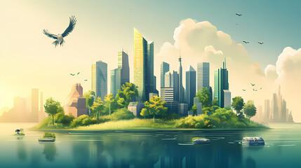 Futuristic floating metropolis blending nature and technology in a vibrant panoramic landscape. Bio-Organic Cities. Illustration