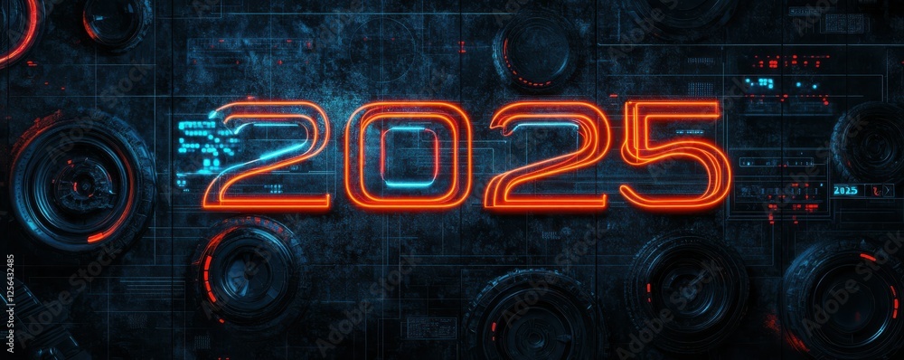 Poster futuristic neon 2025 design with sci-fi cyber elements and glowing red numbers