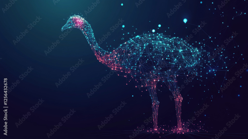 Poster the ostrich consists of points, lines and triangles. the polygon shape in the form of a silhouette o