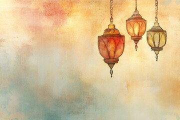 Obraz premium Beautifully Crafted Decorative Lanterns Hanging Against a Softly Blurred Background for Eid Mubarak Celebrations with Ample Copy Space for Text and Messages of Ramadan Kareem