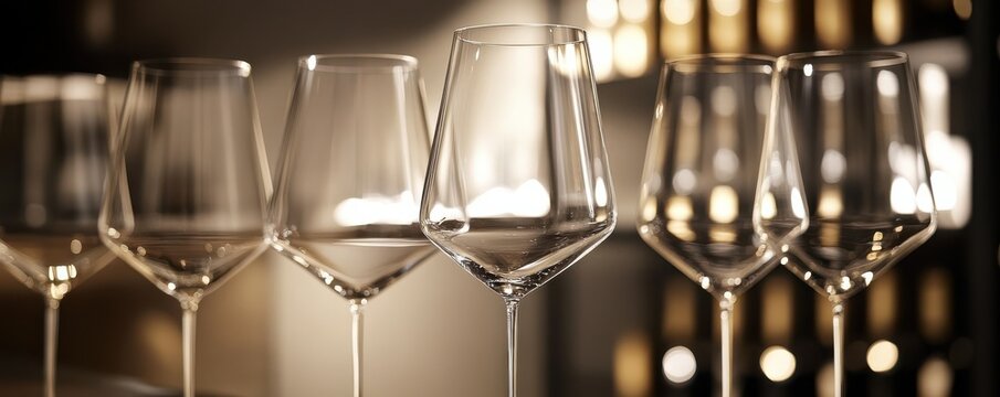 Elegant display of crystal wine glasses in soft ambient lighting