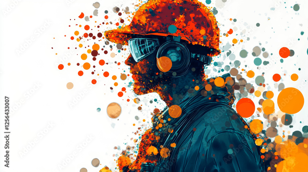 Poster working of the particles. worker in a helmet with a walkie-talkie consists of circles and points. ve