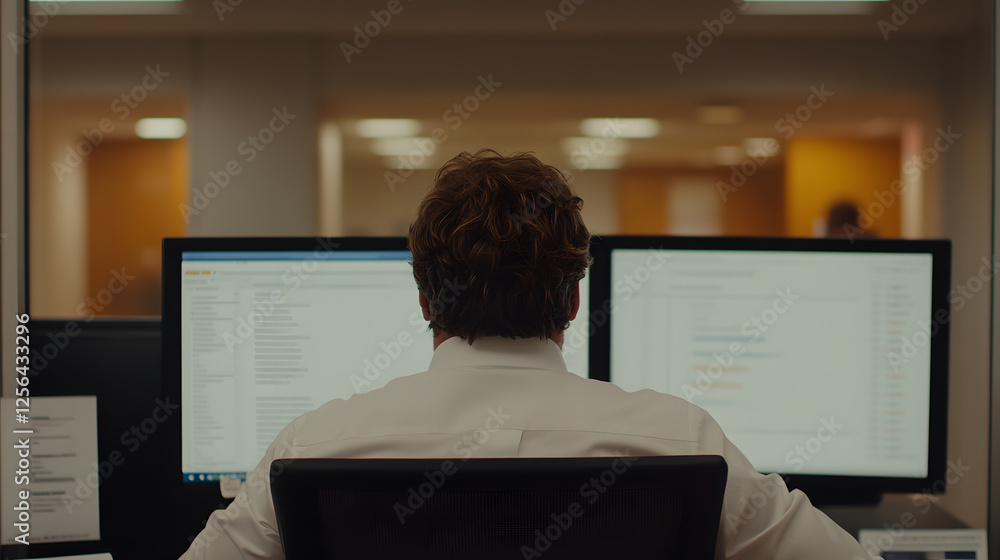 Poster office worker: back view of a man working at a desk with two computer monitors, in a bright office. 