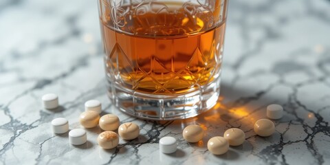 Exploring the impact of alcohol and prescription medications home setting still life reflective surface close-up health awareness